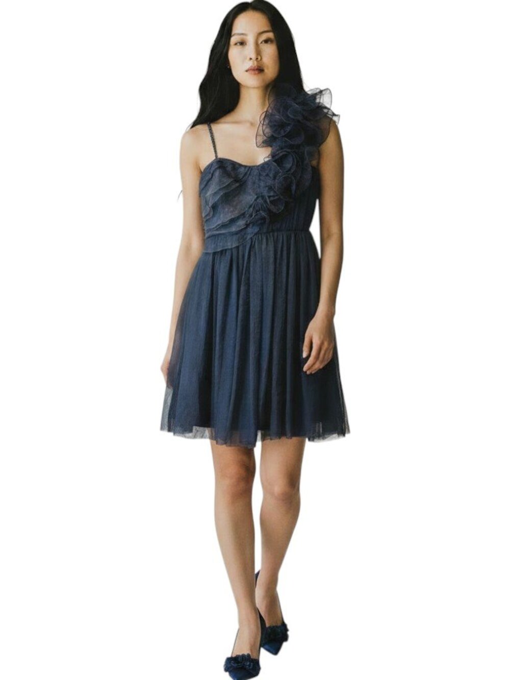 BCBGeneration Navy Organza Ruffle One Shoulder Mini Dress Size 0 Wedding Guest